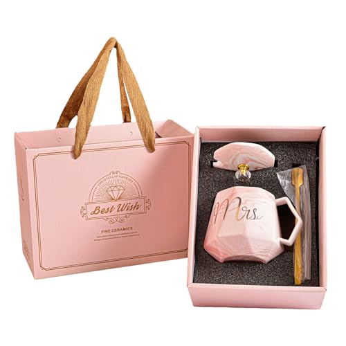 soulnioi Mr and Mrs Mugs Marble Couple Mug Sets Grey&Pink Cup with Spoons, Gifts for Couple Engagement Bride and Groom (1pc Pink)