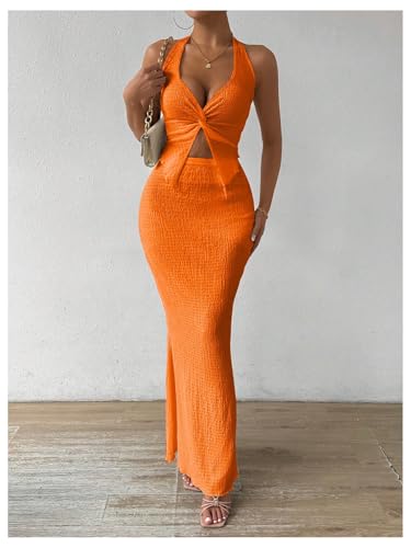 Image of SOLY HUX Women's Two Piece Outfits Twist Front Halter Cami Tops and Skirt Summer Set