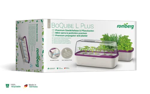 Romberg BoQube L Plus Mini Gewächshaus Anzuchtset & Pflanzkasten mit 10 selbstbewässernden Pflanzzellen, Belüftungs-und Bewässerungssystem, Zimmergewächshaus für Indoor Kräutergarten, 41×17×23, Weiß