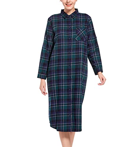 Dreamskull Langes Nachthemd für Damen, Baumwolle, klassisch, kariert, Flanell, langärmelig, Nachthemd, Button-Down, Boyfriend-Schlafshirt für...