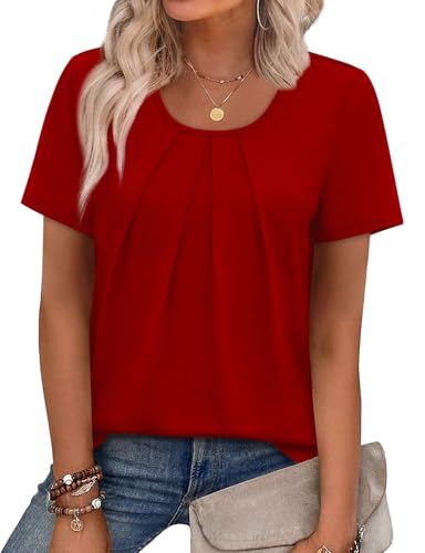 Image of WIHOLL Women T Shirts Pleated Short Sleeve Tops Business Casual Dressy Blouses