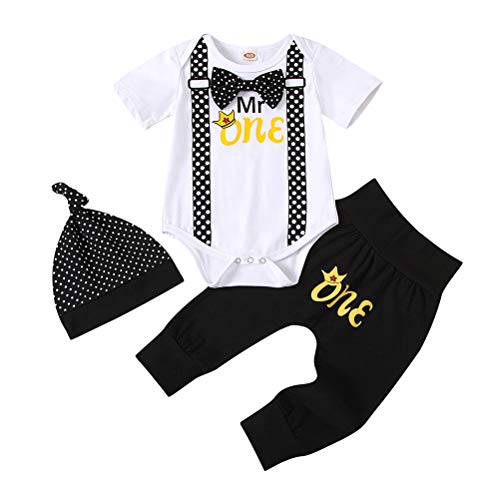 Kislio Baby Boy Infant First Birthday Outfits Mr One Romper Bow Tie Bodysuit Pant Hat (1White, 0-3 Months)