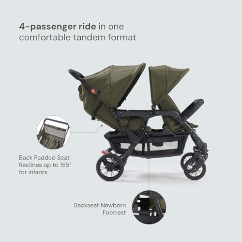 Image of Familidoo H4E Quad Lidoo Lite 4-Seater Stroller Wagon for Kids, Lightweight & Foldable with Reclining Seats, 5-Point Harness, Double Canopy & Rain Cover (Olive)