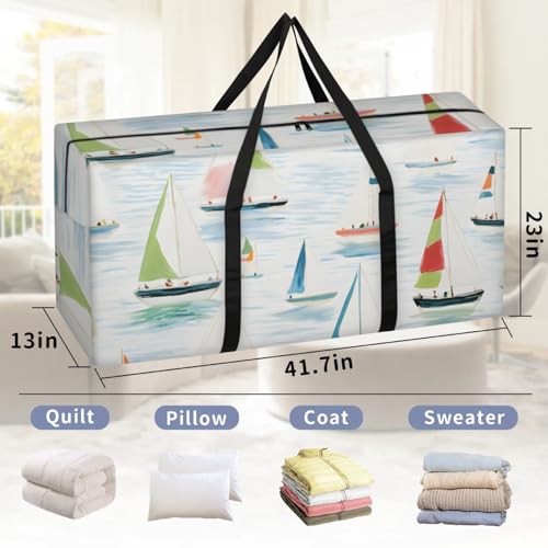 Colorful Sailing Boat Extra Large Moving Bags Heavy Duty Storage Bags Cloth Wrap Around Handles Double Zipper Reusable Convenient Foldable Storage Tote for Travel Camping Space Save2
