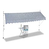 Relaxdays Klemmmarkise, Balkon Sonnenschutz, einziehbar, Fallarm, ohne Bohren, verstellbar, 400 cm breit, blau gestreift