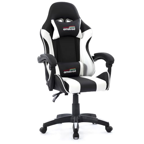 Amstrad AMS-800-WHITE Fauteuil/Chaise de Bureau Gamer Coloris Noir & Blanc - Coussin Lombaire &...