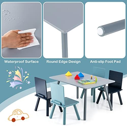 COSTWAY Kids Table and Chair Set with Building Blocks, 5PCS Children Activity Desk Chairs, Wooden Toddler Furniture for Playing Writing and Eating
