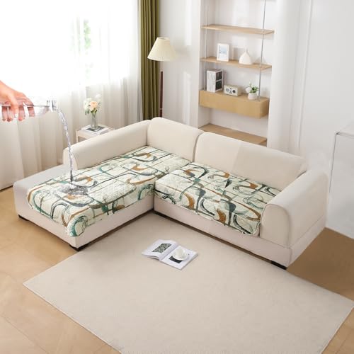 Image of HOKIPO 'Elira Series' Printed Water Repellent + Waterproof Quick Dry L Shape (2+2 Seater) Sofa Seat Cover Mat, Parchement Beige Abstract Art (AR-5245-C6 + AR-5246-C6)