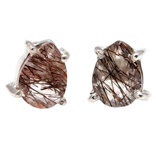 Boucles d'oreilles quartz rutile noir d'exception en argent 925 poire
