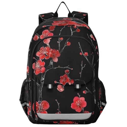 Red Plum Cherry Blossoms on Black School Backpacks Travel Laptop Bag Kids Bookbag for Girls Boys Teens Women Men