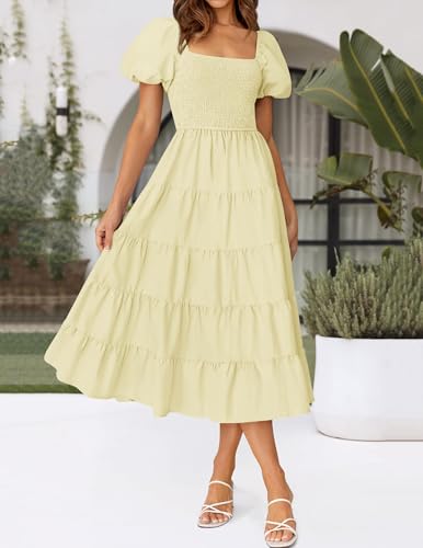 Image of ZESICA Women's 2026 Summer Puff Sleeve Midi Dress 2026 Boho Solid High Waist Flowy Beach Wedding Guest Long Dresses