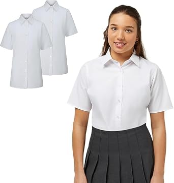 Trutex Basics Girls White School Shirts, Multipack   Short Sleeve Revere Collar Easy Iron Cotton-Rich Regular Fit School Blouses 2 Pack