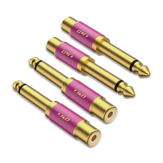 J&D RCA to 1/4 Audio Adapter 4-Pack, 6.35mm Mono Plug Male to RCA Female Connector, Gold-Plated Guitar Connectors, Red