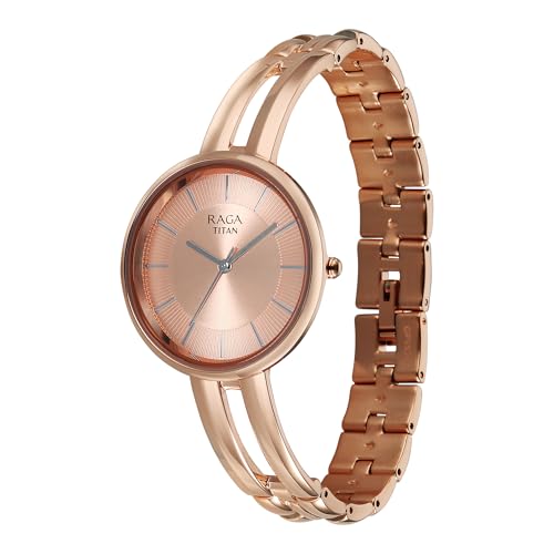 Image of Titan Raga Contempore Rose Gold Dial Brass Strap Watch for Women - 95310WM02F