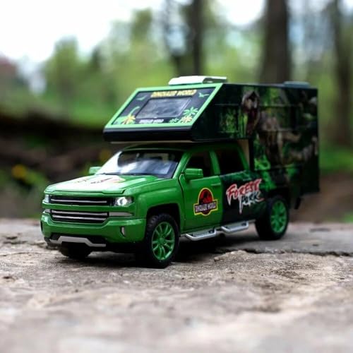 Image of DEUSON ECOM Jurassic Dinosaurs World Die Cast Metal Car 1:32 Diecast Car Model Transport Truck Light Sound Openable Door Pull Back, Multi Color
