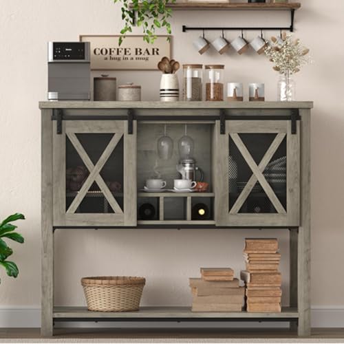 Garvee Farmhouse Wine Cabinet, Coffee Bar Sideboard Cabinet Storage, Console Table with Sliding Barn Doors, Entryway Table with Glass Rack for Kitchen Dining Room Hallway, 46.5 inches Long, Grey