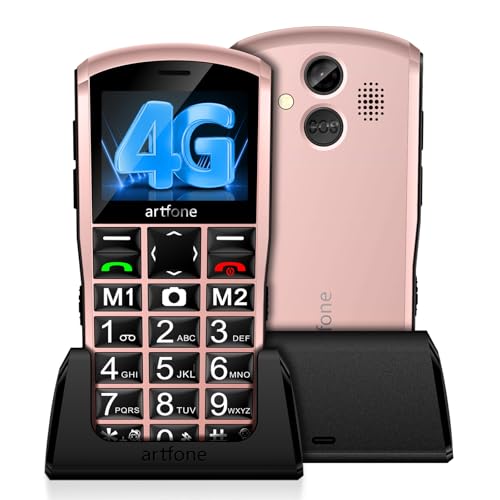 artfone A400 4G Seniorenhandy ohne Vertrag, 2.4Zoll Farbdisplay Großtastenhandy mit Ladestation, SOS Notruffunktion, Taschenlampe, 2MP-Kamera, Stereo-Lautsprecher, Zeittaste-Rose