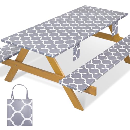 memKiya Fitted Waterproof Picnic Table Cover with Bench Covers Elastic
