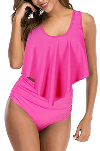 Image of Women High Waisted Bikini Swimsuit Flounce Vintage 2 Piece Bathing Suits | Vintage,tummy control,two piece bathing suits,plus size,swimwear,ruffled,tankini top,bikini bottom