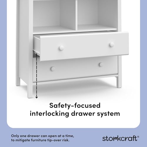 Image of Storkcraft Alpine 2 Drawer Changing Table Chest (White) - Attached Changing Table Topper Fits Any Standard-Size Baby Changing Pad, 2 Drawers, 2 Shelves for Extra Nursery Storage, Easy to Assemble