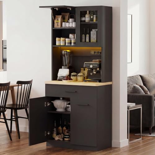 Devoko Meuble de Cuisine avec Plan de Travail et Prise électrique, Buffet LED Fermeture Douce, Placard de Rangement Hauteur réglable avec Dos renforcé (Noir)