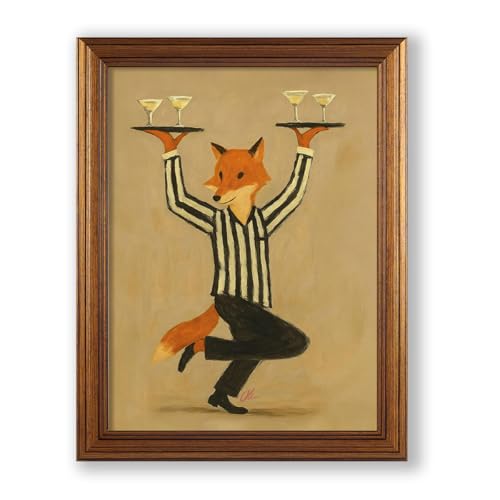 Fox Cocktail Canvas Wall Art Funny Animal Picture Prints Waiter Juggler Aesthetic Posters Unique Alcohol Mixology Painting Artwork for Kitchen Dining Bar Carts Decor 8x10 inch Gold Framed