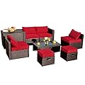 Tangkula 8 Pieces Patio Furniture Set with Waterproof Cover, Patiojoy Space Saving Outdoor PE Rattan Set with Storage Box, Tempered Glass Table, 2 Ottomans, 2 Armless Sofas & Corner Sofas