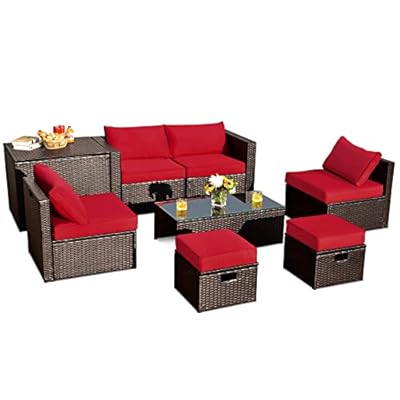 Tangkula 8 Pieces Patio Furniture Set with Waterproof Cover, Patiojoy Space Saving Outdoor PE Rattan Set with Storage Box, Tempered Glass Table, 2 Ottomans, 2 Armless Sofas & Corner Sofas