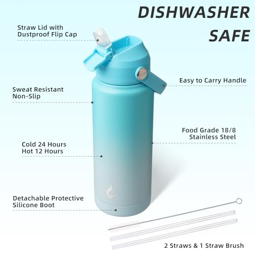 Image of BJPKPK Water Bottle with Straw Lid, 24oz Vacuum Insulated Water Bottles, Metal Stainless Steel Thermo for Sports, Travel, BPA Free Leak Proof Thermo, Cups, Flasks, Tumblers,Sea Salt
