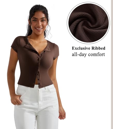 OMKAGI Women Button Down Ribbed Short Sleeve Shirts Fitted Knit Cropped Cardigan Sweaters3