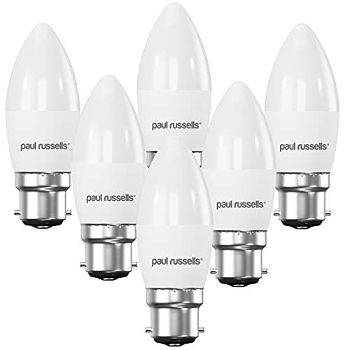 paul russells LED Light Bayonet Cap B22, 40watt Equivalent, 4.9W 470LM LED Bulbs, 6500K Bright Daylight, Frosted C35 BC Candle Energy Saving Non-Dimmable Chandelier Lightbulbs, Pack of 6