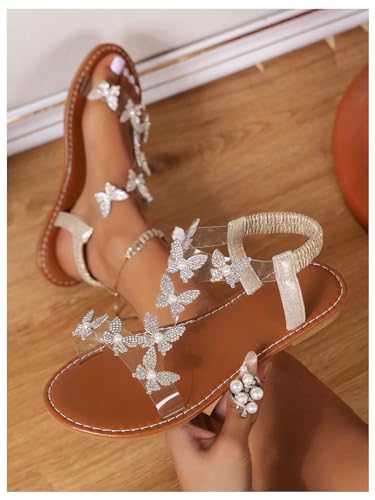 GORGLITTER Women's Butterfly Strappy Clear Glitter Ankle Sandals Dressy 2025 Cute Summer Wedding Bridal Flats Sandal3