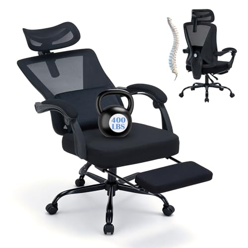 Image of Ergonomic Office Chair with Footrest - Adjustable Lumbar Support & 3D Headrest, 90-160 Reclining Mesh High-Back Rolling Work Swivel Computer Chair-400lbs Capacity