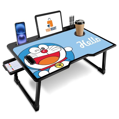 YOGIMART Primium Foldable Laptop Table Multipurpose with Cup Holder, Study Bed Breakfast Table Large Size and Portable/Ergonomic | Rounded Edges/Non-Slip Legs with drower (CORTTED #DOREMON)