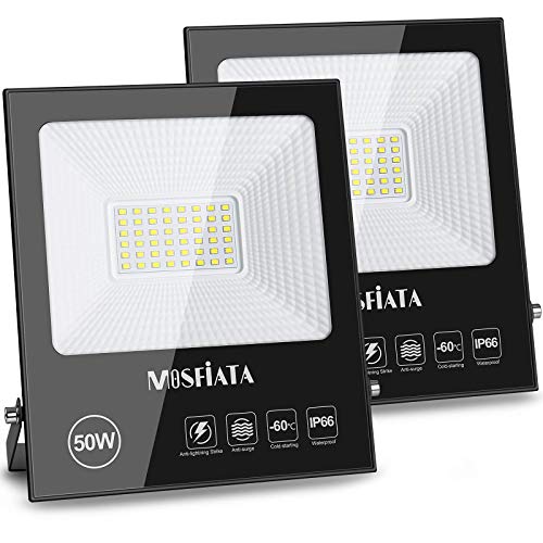 MOSFiATA 50W LED Flood Light Outdoor 2 Pack, 11000 Lumen Super Bright Security Lights, IP66 Waterproof Outdoor Work Light, 6000K Daylight White Floodlight for Garden, Yard, Lawn, Basketball Court