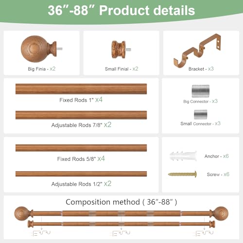 TANGWIN Wood Double Curtain Rods for Windows 36 to 88:Boho Wooden Double Rod Curtain Rods for Farmhouse Livingroom Bedroom 1Inch Heavy Duty Adjustable Dual Curtain Rod Decorative Imitation Wood Grain