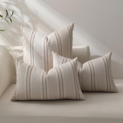 Hckot Fall Throw Pillow Covers 18x18 Set of 2 Striped Pillow Covers Textured Linen Decorative Pillows Square Cushion Covers for Sofa Couch Bed Living Room Farmhouse Decor(Rust)