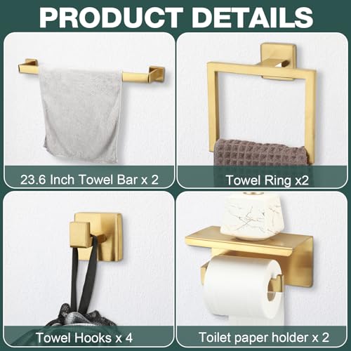 Image of 10 Pcs Bathroom Accessories Set, 24 Inch Bathroom Hardware Set, Stainless Steel Bath Towel Bar, Towel Racks, Robe Hook, Toilet Paper Holder with Phone Shelf Wall Mounted for Gifts (Gold)