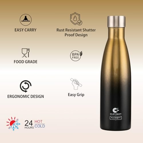 Image of Clay Craft Vacbott Gerald Double Tone Double Walled|18 Hours Hot and 24 Hours Cold Vacuum Insulated|Thermosteel|Flask 1000ml|2 Pcs, Steel Bottles for Travelling|BIS Certified|1Year Limited Warranty