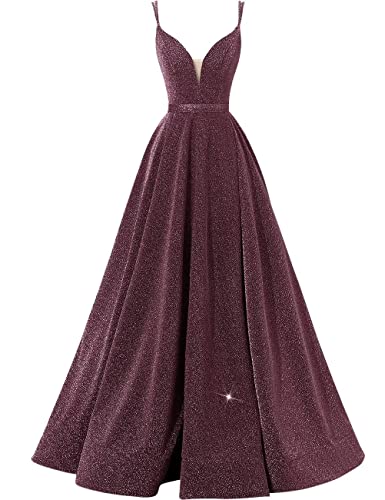Image of Women's Glittery Spaghetti V-Neck Prom Dresses Long A Line Bridesmaid Dresses Side Split Formal Evening Gowns Plum,US02