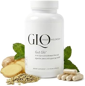 Gut Glo Natural Bloating Relief, Gut Health, Digestion & Constipation Aid 4-in-1 Probiotic, Digestive Enzyme, Magnesium & Organic Herb Capsules - Vegan, 60 Count