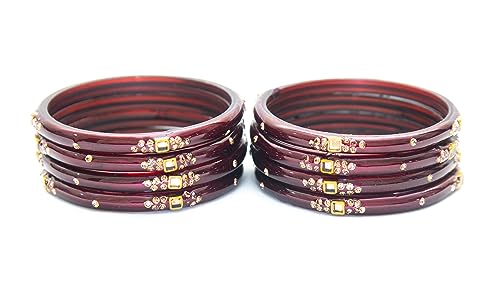 Swara Creations Traditional Glass Kada Bangles Set for women & girls Glossy Bangles Gemstone stone work Red Green Yellow Pink multicolor glass Kade