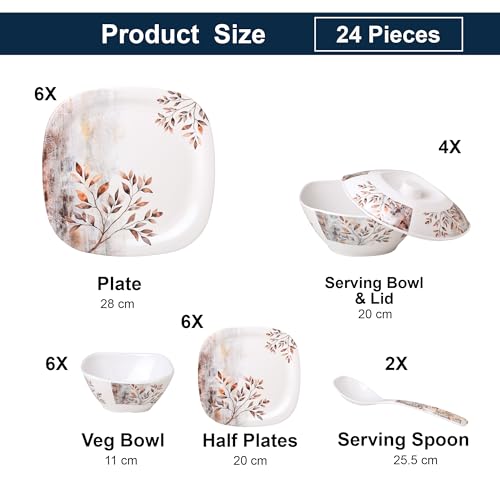 Image of Golden Fish 24 Pcs Dinner Set with Covered Donga for 6 | 6 Full Plates, 6 Quarter Plates, 6 Veg Bowls, 2 Donga with Lid & 2 Serving Spoons | Hygienic Serving Set for Home Dining & Hosting