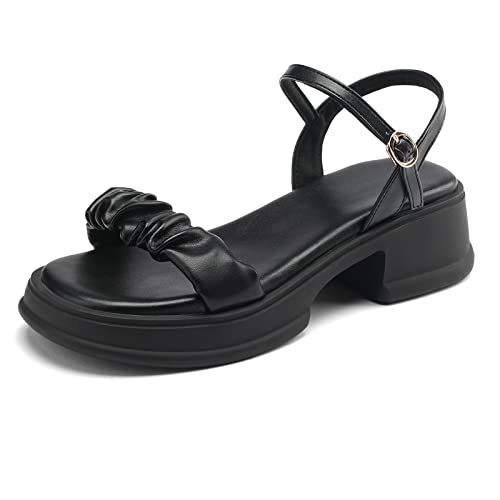 Sandales bride en T à talon carré et plateforme noire élégante en pointure 39 EU