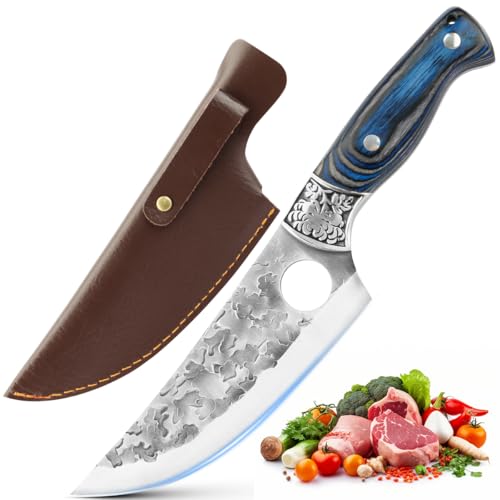 La mejor comparación de Cuchillo para carnes - solo los mejores. 49 BEBK Cuchillo Vikingo Martillado 6Pulgada,Cuchillo Carnicero Forjado A Mano Con Vaina,Cuchillos Chef De Cocina,Acero De Alto Carbono,Aplicar Para El...