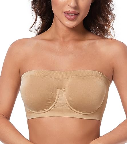 HACI Women's Non Padded Strapless Bra Underwire Bandeau Seamless Multiway Supportive Tube Top(Nude,Medium)