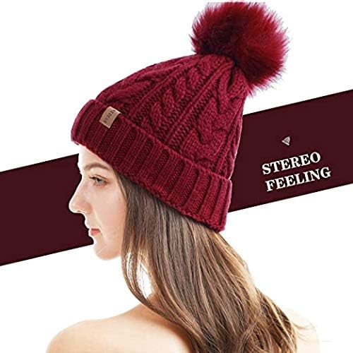 VKG Women's|Girl's Faux Fur Pom Pom Crochet Knitted Wool Skull Beanie Hat Cap (Red) 1