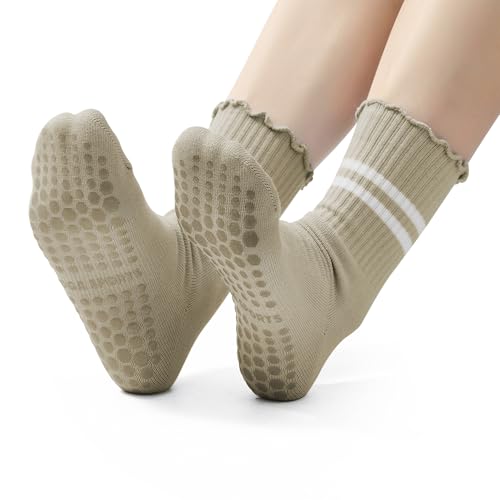 Image of American Trends Pilates Crew Socks for Women with Grips, Non Slip Ruffle Sock for Yoga Barre and Workout
