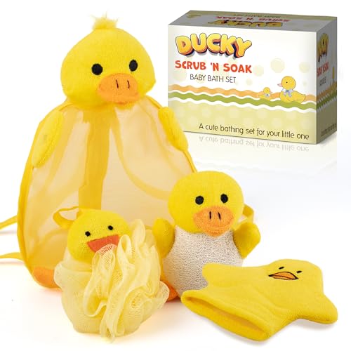 Ducky Scrub 'N Soak Baby Loofah for Bathing Set for Kids Body Scrubber Cute Cartoon Kids Loofah Bath Scrubber for Children Shower Washing Exfoliating, Baby Bath Sponge Yellow Duck Included