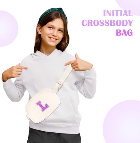 Image of COSHAYSOO Initial Letter Fanny Pack for Girls Personalized Birthday Gifts for 6 7 8 9 10 11 12 Year Old Teen Girl, Girly Fashion Crossbody Purse Belt Bag Preteen Tween Purse Ivory L